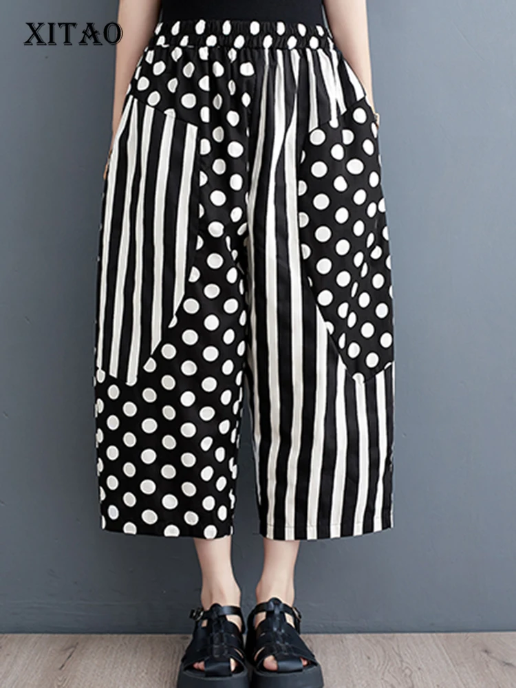 

XITAO Polka Dot Striped Elastic Waist Calf Length Pants Fashion Pleated Loose Casual 2024 Spring Women Wide Leg Pant HQQ2181
