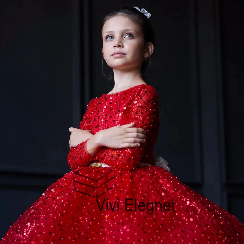 

Sparking Red Full Sleeve Flower Girl Dresses with Sequined Tutu Scopp Wedding Party Gowns Tiered فساتين اطفال للعيد Summer 2023