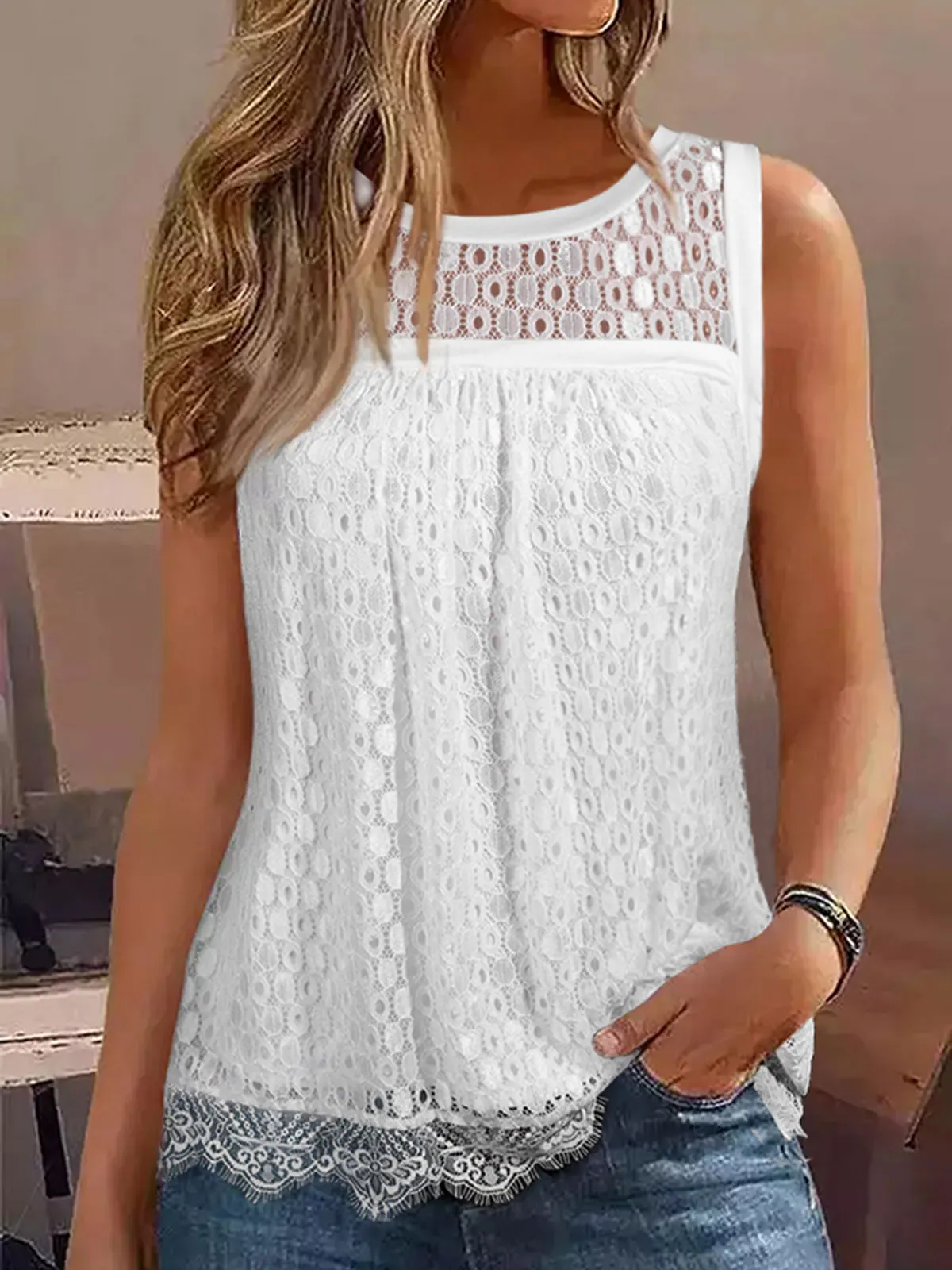 

Women O-Neck Lace Splicing Hollow Out Tank White Tank Top Pullover Tanks Loose Fit Summer Sleeveless Shirts Pleated Streetwear