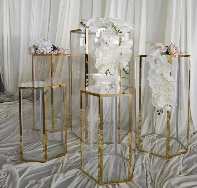 Shiny gold wedding event transparent acrylic hexagonal cake dessert table flower rack
Shiny gold wedding event transparent acrylic hexagonal cake dessert table flower rack