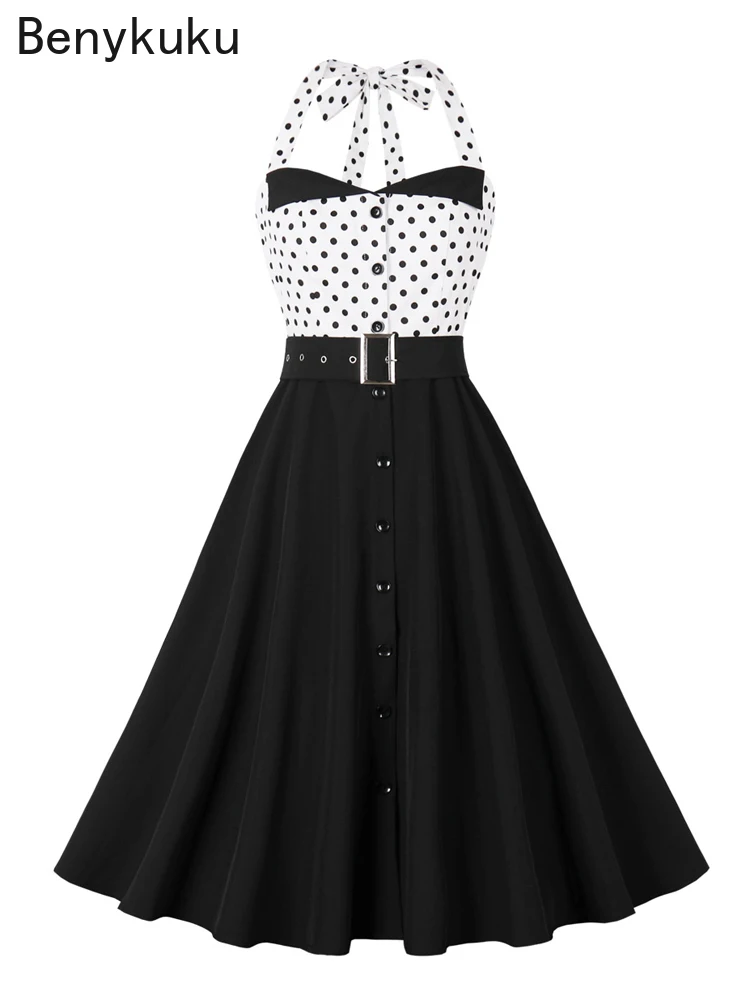 

Two Tone Polka Dot Print High Waist Robe Sexy Halter Neck Dress Summer Women Buttons Belted Vintage Swing 40s 50s Retro Dresses