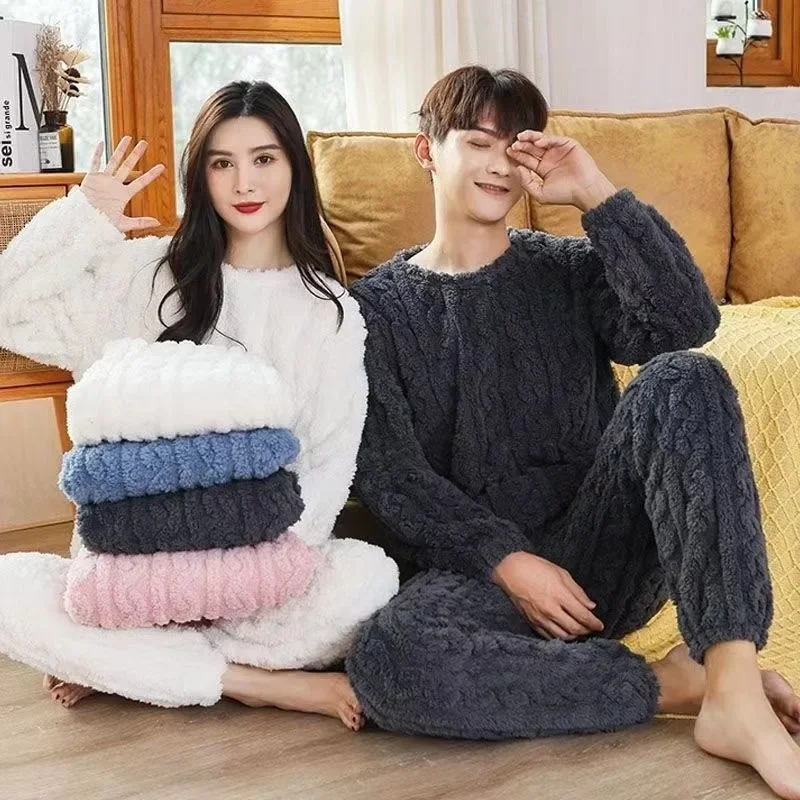 

Autumn Winter Warm Flannel Women Pyjamas Sets Thick Coral Velvet Long Sleeve Solid Sleepwear Flannel Pajamas Homewear