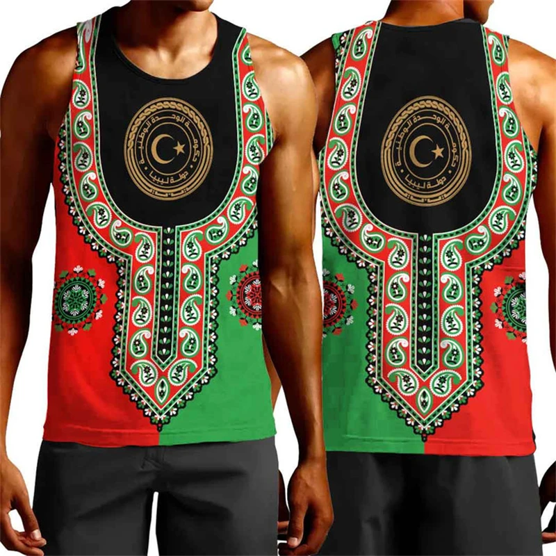 

State Of Libya Flag Map Graphic Tank Top For Men Clothes Africa Country Vest Dashiki Paisley Fashion National Emblem Waistcoat