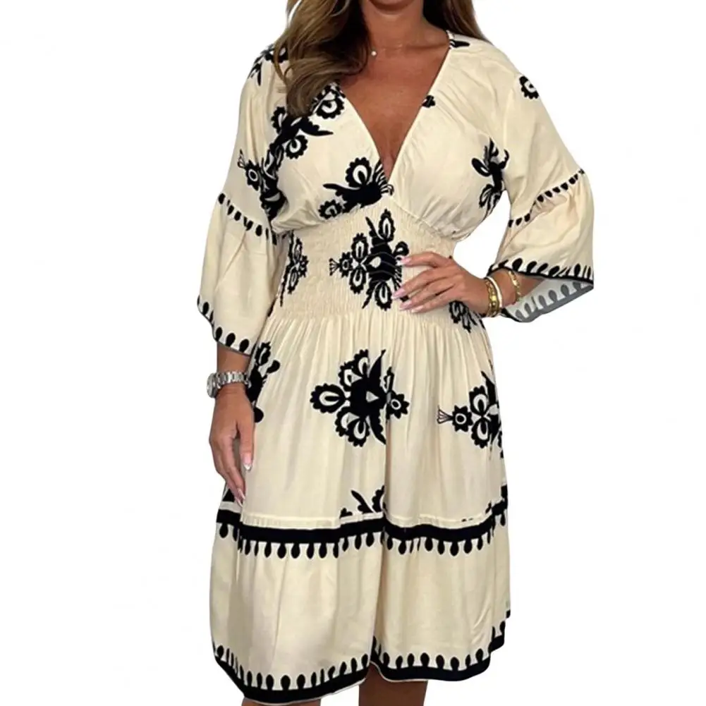 

Bell Sleeve Dress Retro Printed Midi Dress with Three Quarter Horn Sleeves V Neck High Waist Pleated Vacation Beach for Women