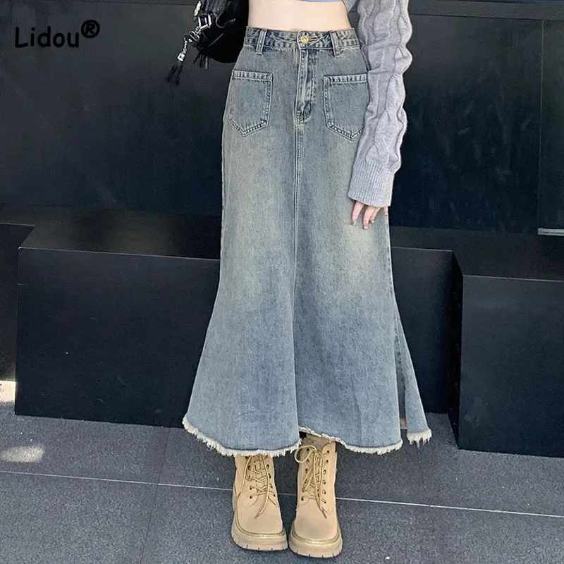 

Spring Summer Fashion Vintage Denim Mermaid Skirt Women's Clothing Korean Slim High Waist A-Line Distressed Skirts for Female