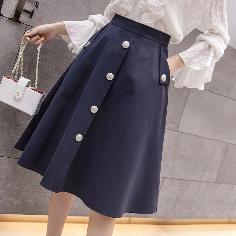 

Women Midi Skirt Chic Single Breasted A Line High Waist Skirts Ladies Summer Vintage Casual Umbrella Skirt Spring New Faldas