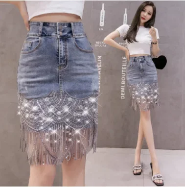 

Summer Korean Sexy Women Denim Mini Skirts High Waist Blue Package Hip Jeans Fashion Beading Tassel SKirt