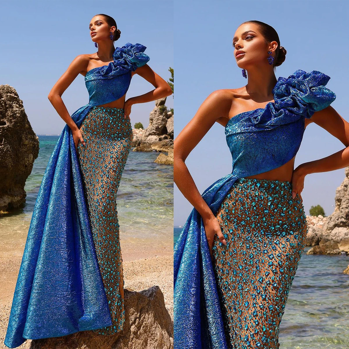

Elegant Blue Crystal Mermaid Evening Dresses One Shoulder Shine 3D-Lace Appliques Slim Fit Sweep Train Prom Dresses Custom Made