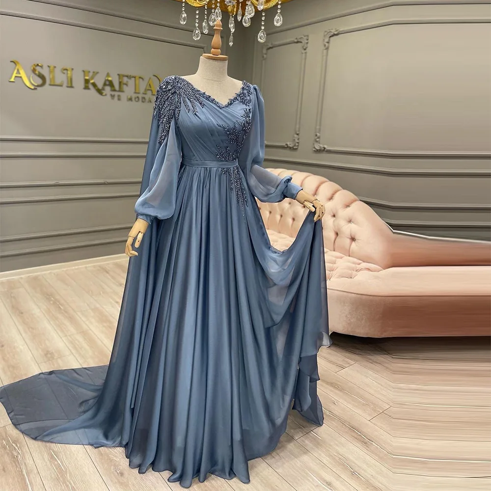 

Xijun Blue Arabic Muslim Evening Dresses Long Sleeves High-Neck Beading Sequined A-Line Modest Prom Dress Formal Party Gowns