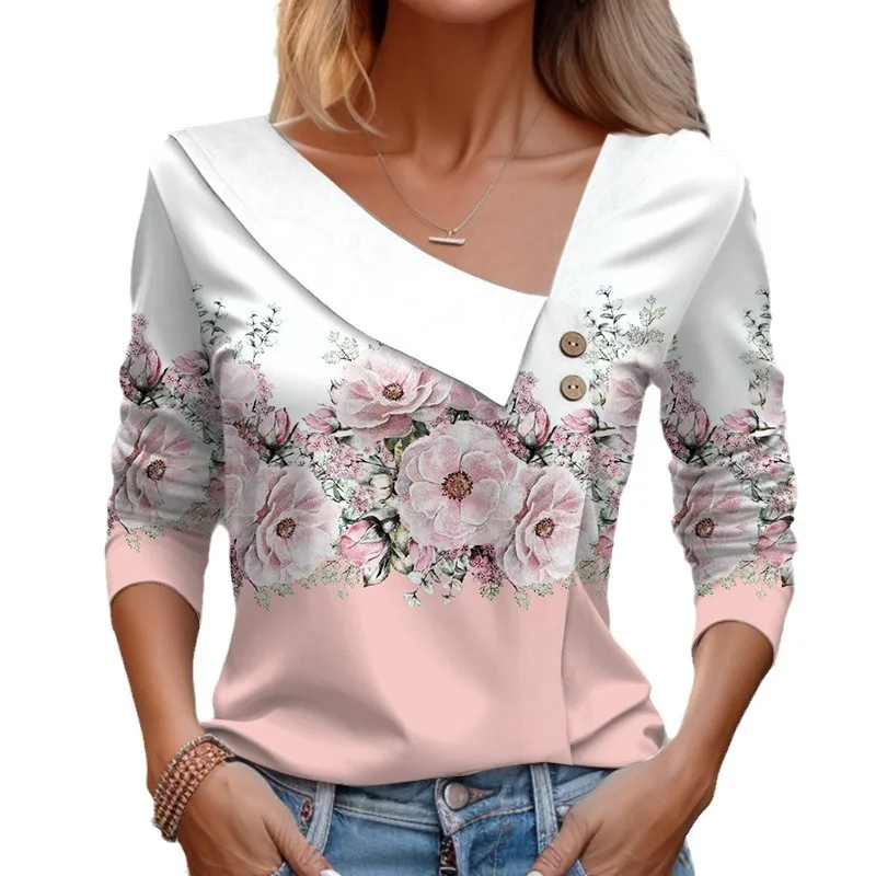 

Women Floral Print Diagonal Collar Blouse T Shirt 2024 Casual Long Sleeve Skew Neck Shirts Women Vintage Button Pullover Blusa