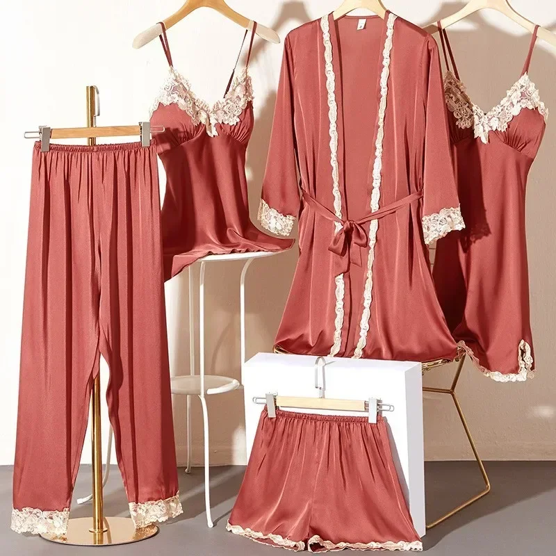 

Ice Silk Pajamas Women'S Summer Thin Sexy Lace Sling Nightgown Five-Piece Set Korean Version Long-Sleeved Home Clothes Smooth