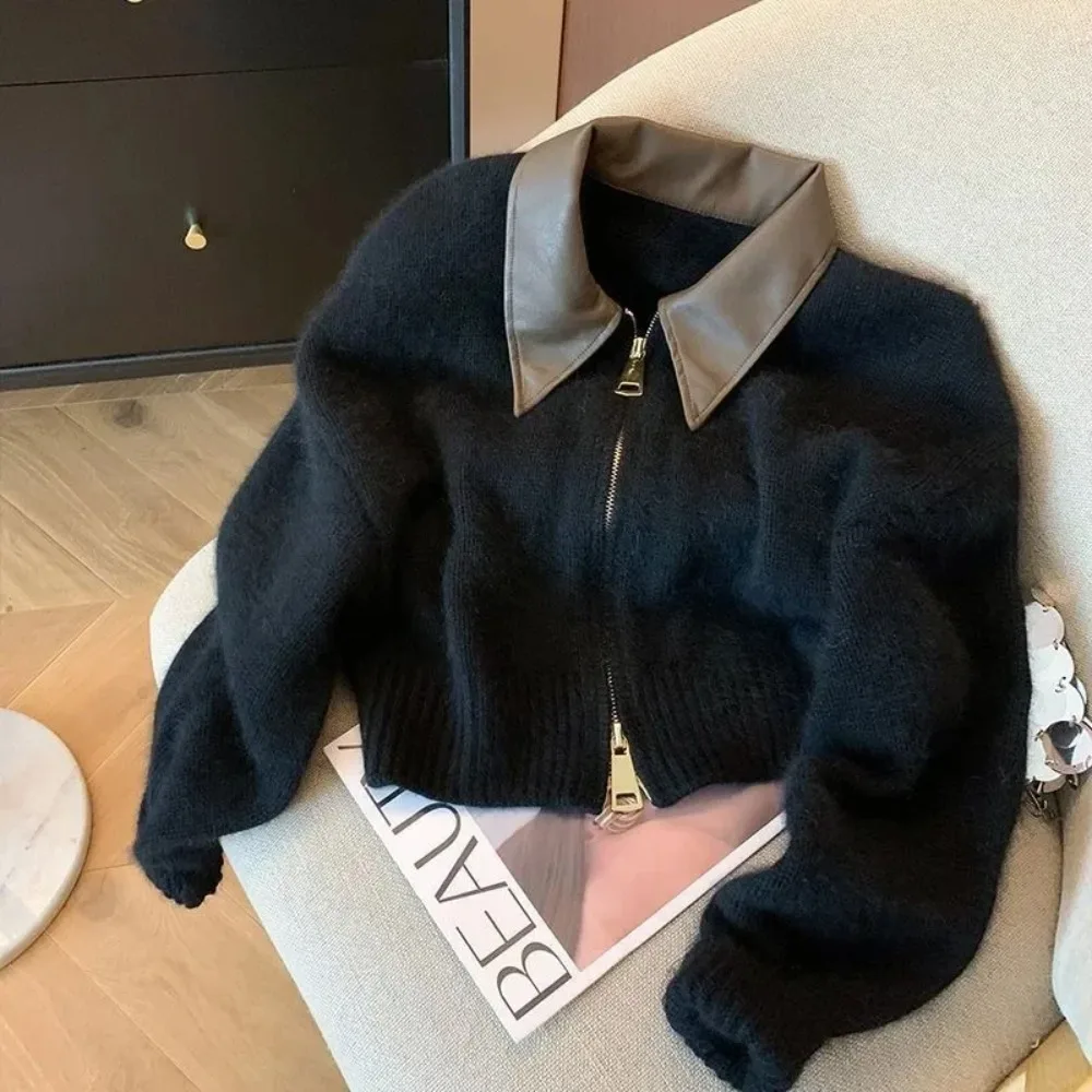 

Full Sleeve Solid Women Turn Down Collar Loose Casual Knitted Coats Zipper Autumn Winter 2023 Regular Splice Sweaters Cardigan