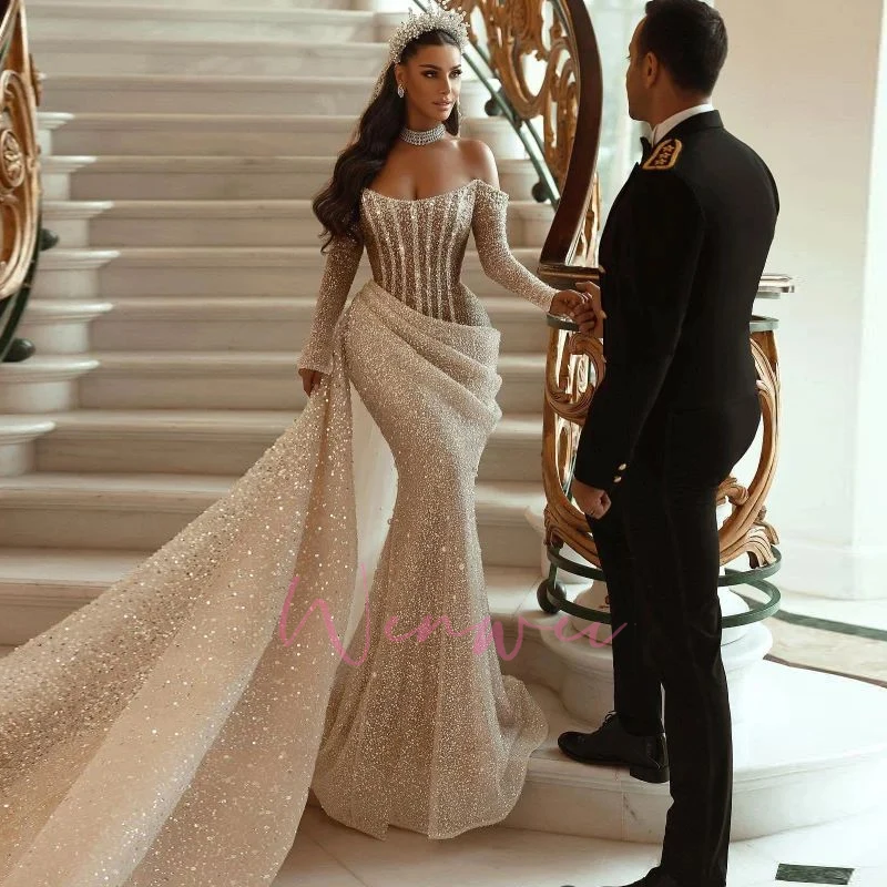 Customized Bridal Gown Glamorous Mermaid Wedding Dresses Bateau Long Sleeves Pleats Floor Length Backless Detachable Train 7 S400e7a53f097432aaf1b3667c4426a6bq