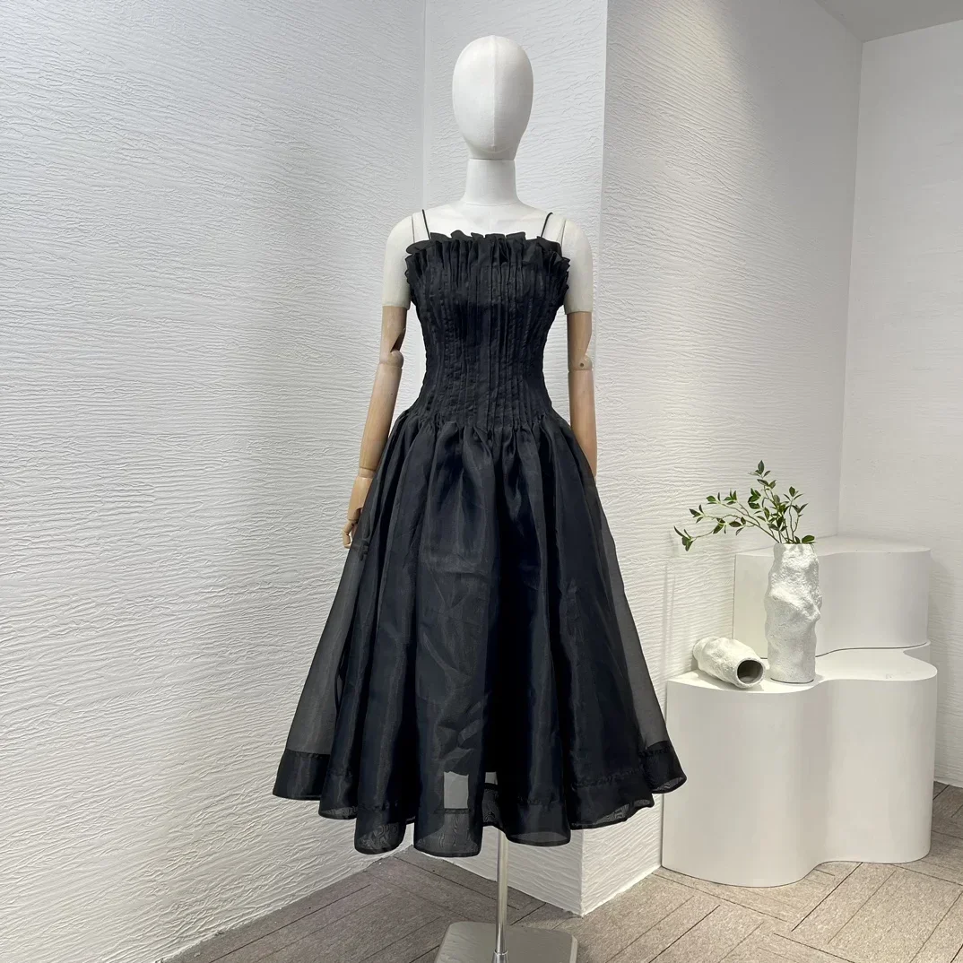 

Женское платье-миди без рукавов, черное ТРАПЕЦИЕВИДНОЕ плиссированное платье с рюшами, лето 2024