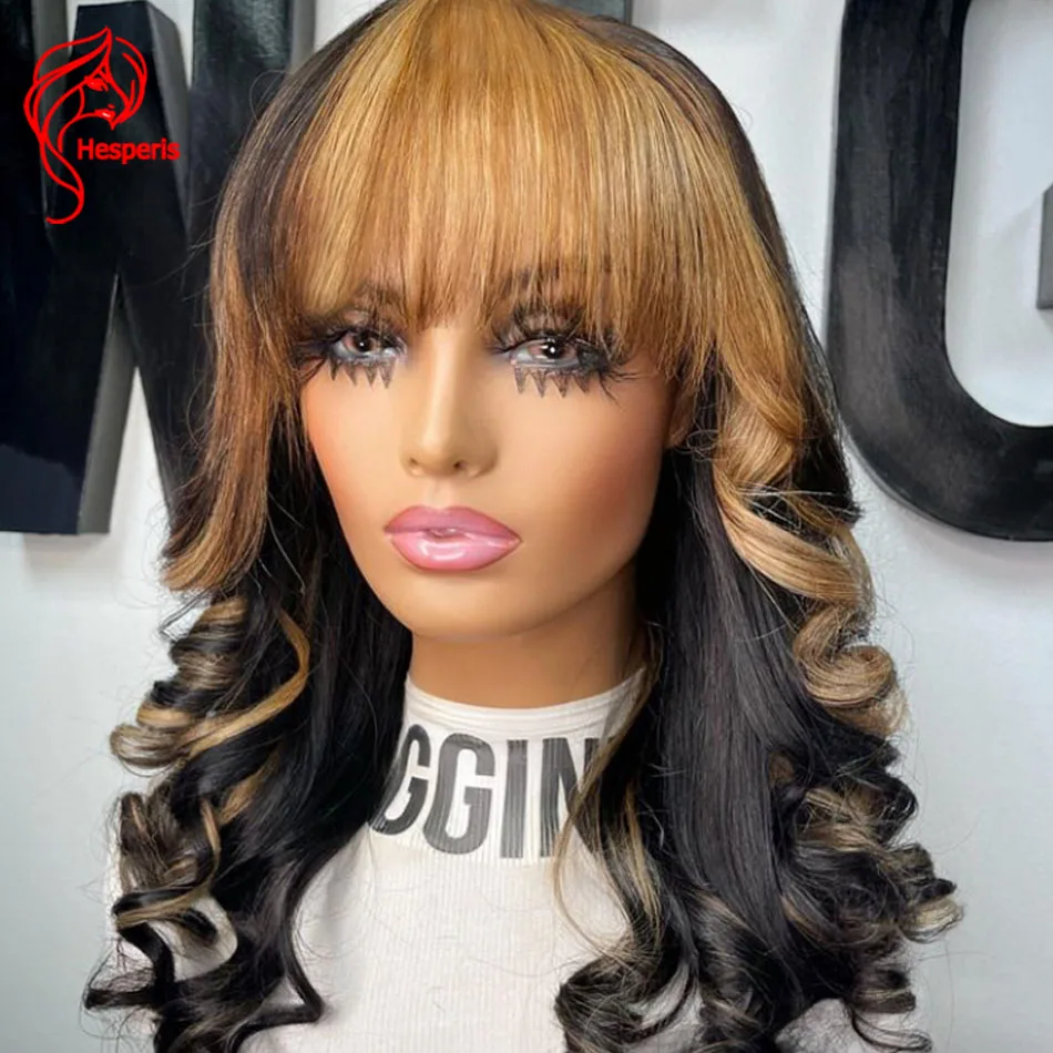 

Hesperis Body Wave Human Hair Wig With Bangs Honey Blonde Highlight Brazilian Remy Wear And GoScalp Top Full Machine Made Wigs