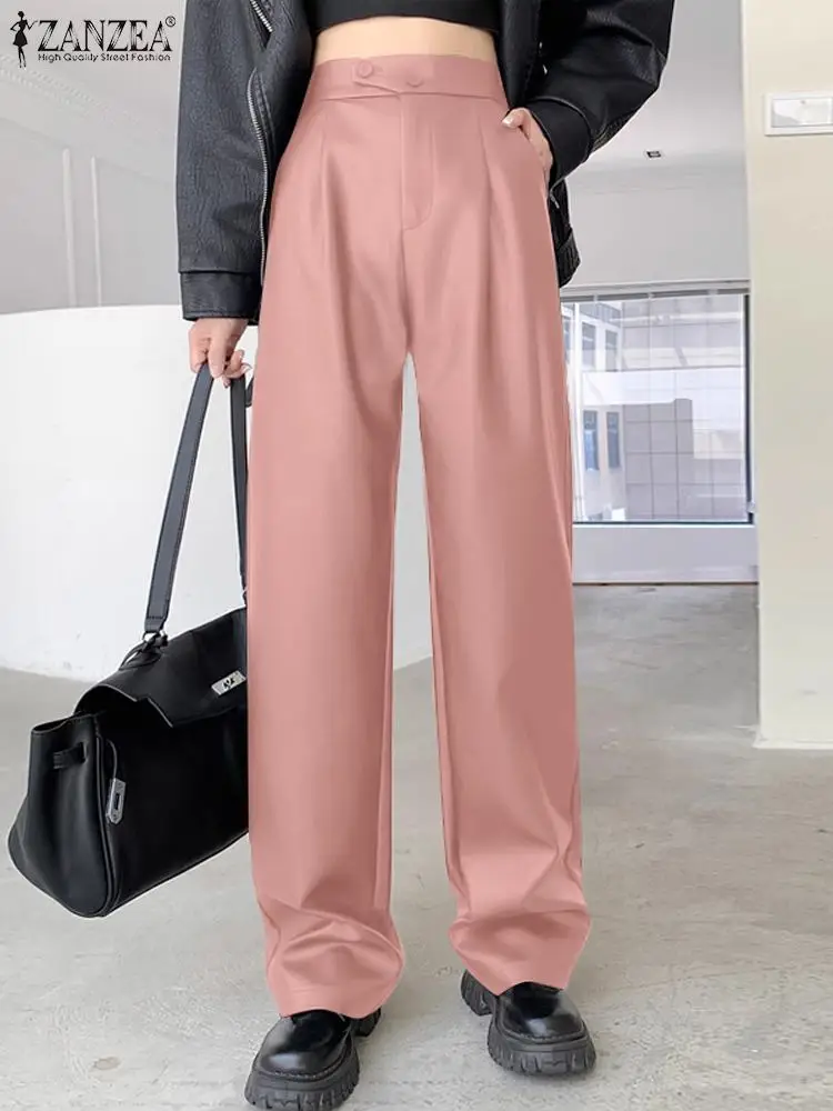 

Women Leather Long Pants ZANZEA Autumn PU High Waist Pleating Trouser 2023 New Fashion Pocket Pantalons Korean Style Bottoms