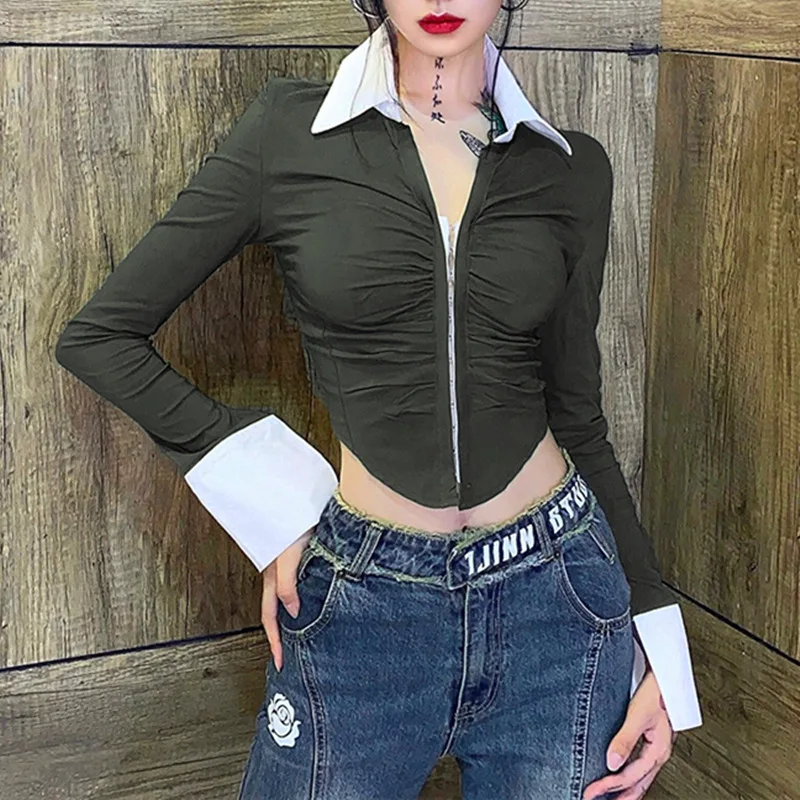 Женские рубашки с длинным рукавом, повседневные облегающие укороченные топы на пуговицах с отложным воротником, Офисная Женская верхняя одежда, зеленый топ, блузки, женская одежда 
Женские рубашки с длинным рукавом, повседневные облегающие укороченные топы на пуговицах с отложным воротником, Офисная Женская верхняя одежда, зеленый топ, блузки, женская одежда