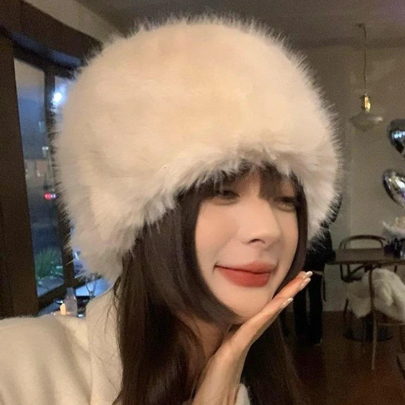 

1PC Women Faux Fur Hats Fashion Fluffy Plush Dome Hat Winter Windproof Warm Russian Outdoor Snow Ski Cap Valentine's Day Gift