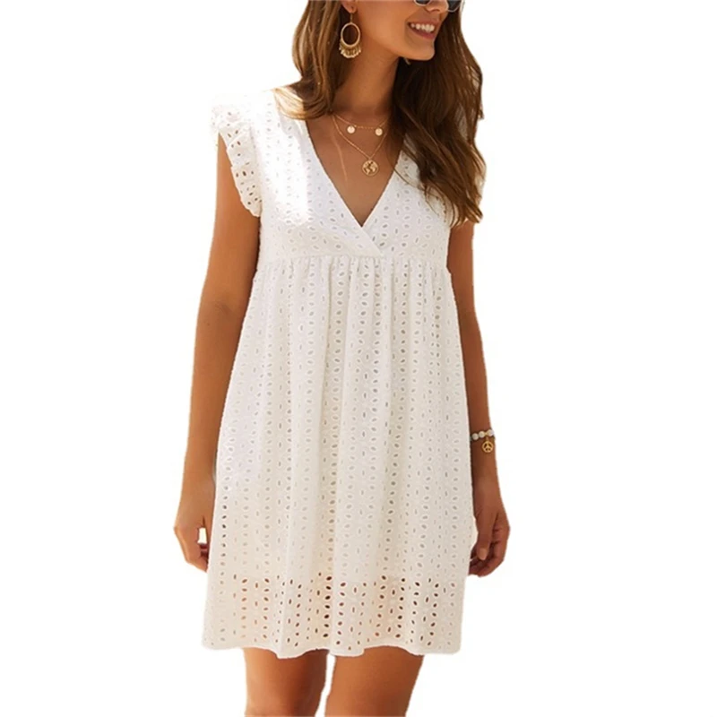 2023 Summer Women Mini Cotton Hollow Out Dresse V-neck Ruffle Sleeves A-line Dress Ladies Casual Pleated Skirt with Pocket
2023 Summer Women Mini Cotton Hollow Out Dresse V-neck Ruffle Sleeves A-line Dress Ladies Casual Pleated Skirt with Pocket