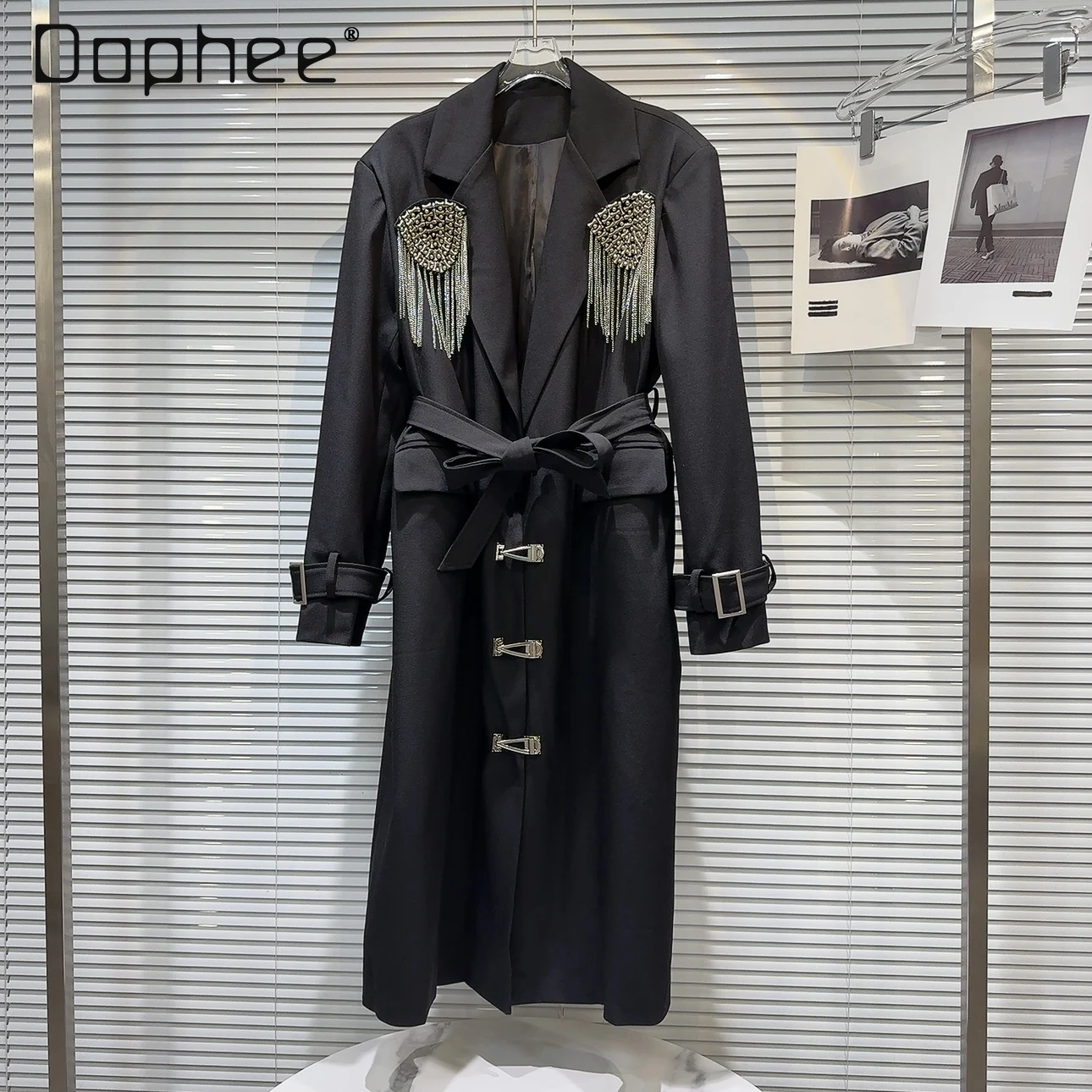 

Socialite Ladies Rhinestone Tassel Black Windbreaker Coat 2024 Spring New Elegant Lace-up Black Long Suit Trench Coats Mujer