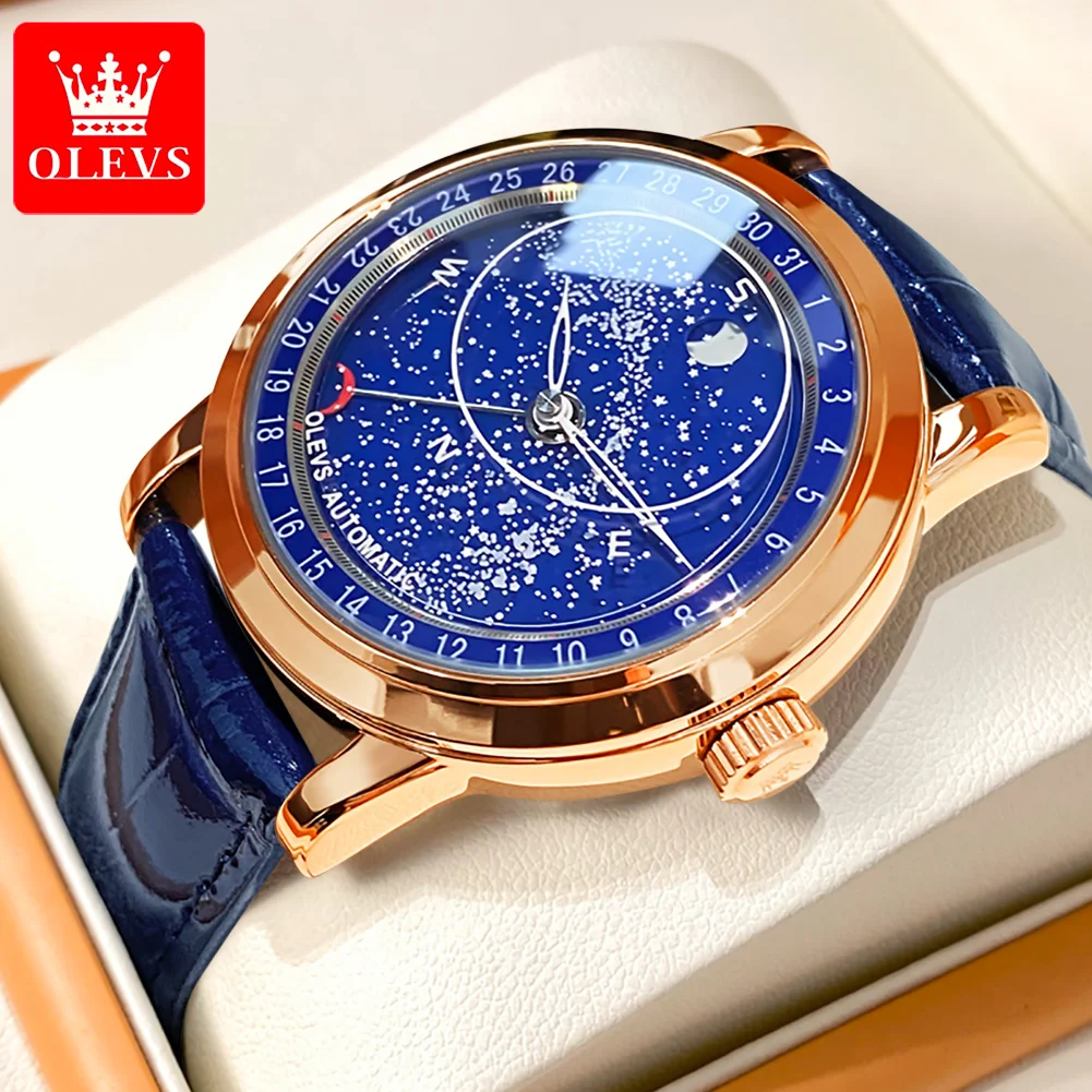 OLEVS 9923 Men's Watches Moon Phase Automatic Mechanical Watch for Man Blue Leather Luxury Dress Waterproof Luminous Wristwatch
OLEVS 9923 Men's Watches Moon Phase Automatic Mechanical Watch for Man Blue Leather Luxury Dress Waterproof Luminous Wristwatch