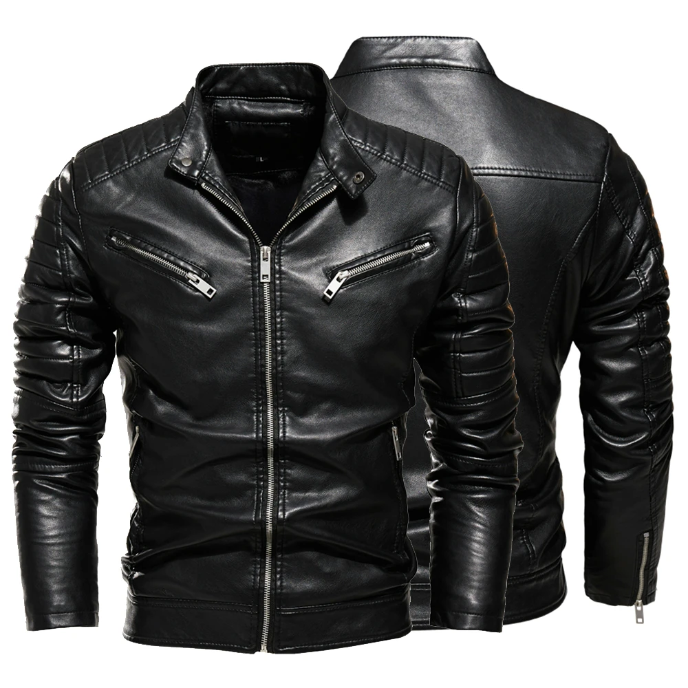 

2023 Winter Black Leather Jacket Men Fur Lined Warm Motorcycle Jacket Slim Street Fashion BLack Biker Coat Pleated Design Zipper