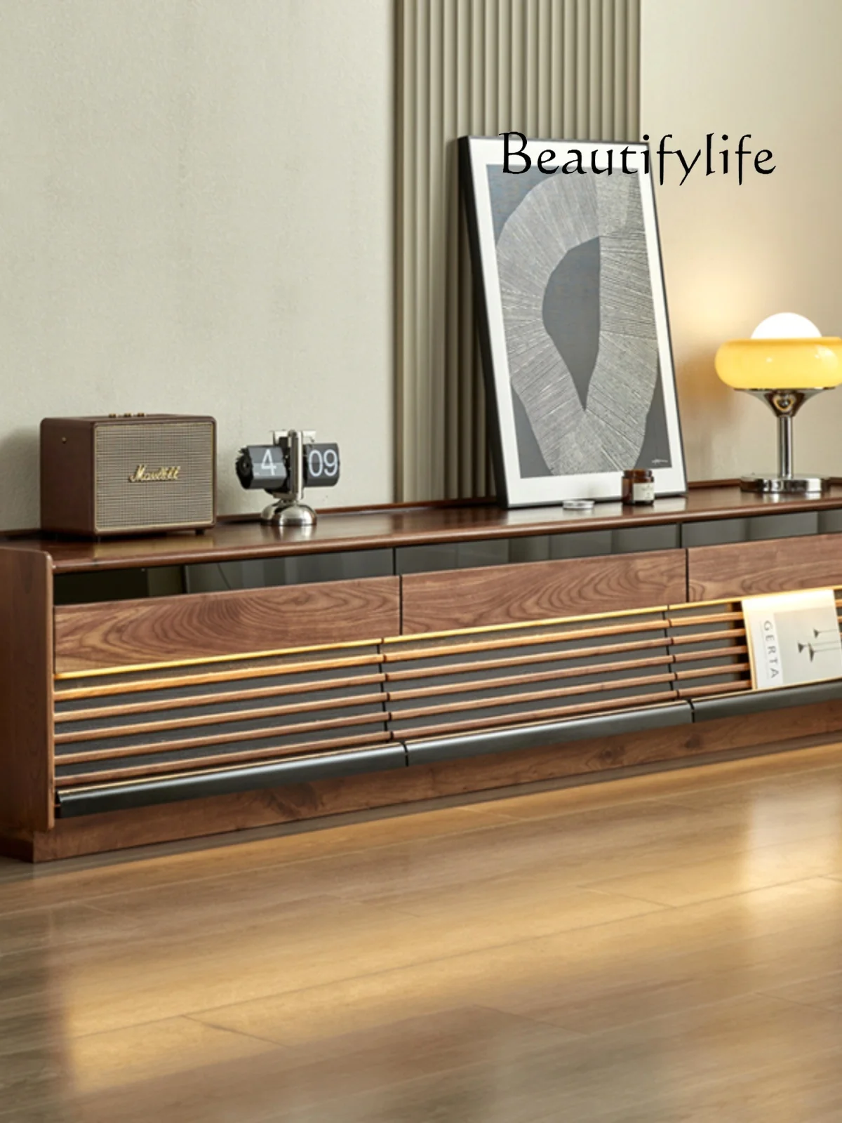 

Retro New North America Black Walnut Wooden TV Cabinet with Light Nordic Solid Wood Floor Audiovisual Cabinet