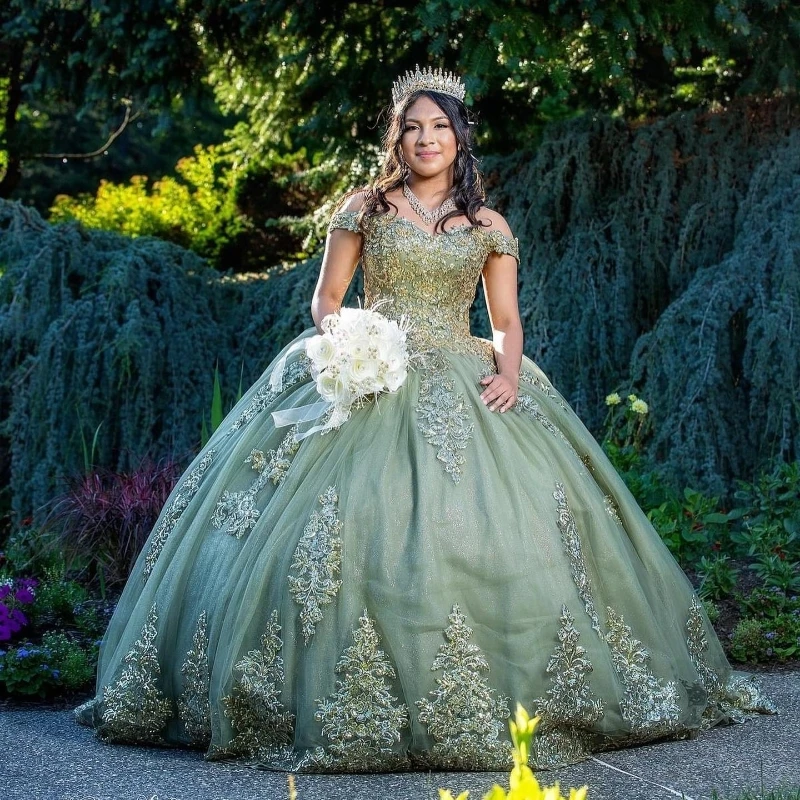 

Luxury Sage Green Sweetheart Sequins Quinceanera Dresses Vestidos De 15 Anos Off-Shoulder Applique Lace Beading Formal Princess