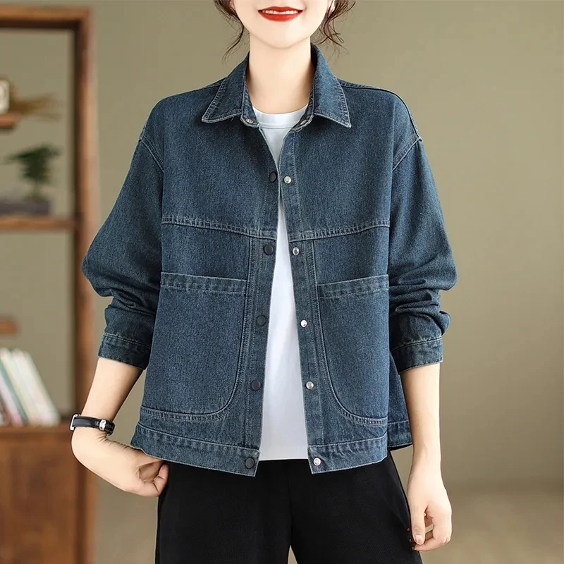 

Женская джинсовая куртка, Повседневная Свободная джинсовая куртка с отложным воротником, верхняя одежда в винтажном стиле, весна-осень 2024