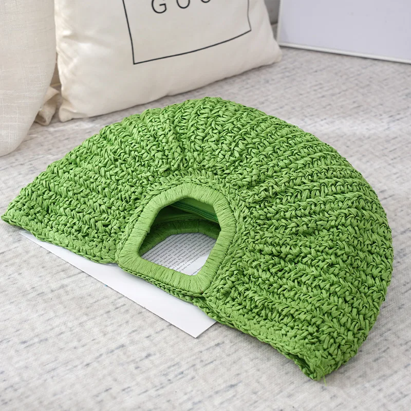 Half-Moon Woven Straw Handbag - Wooden Handle Beach Shopping Basket 11 S401b1590bf004aeeaf4cfdbee77caadcu