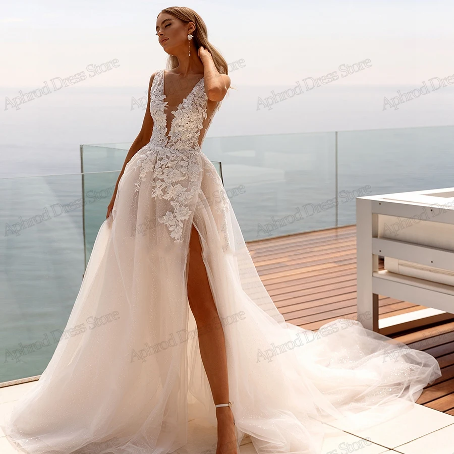 

Classic Wedding Dresses A-Line Tulle Tiered Bridal Gowns Lace Appliques Sexy High Slit Robes For Brides Vestidos De Novia 2024