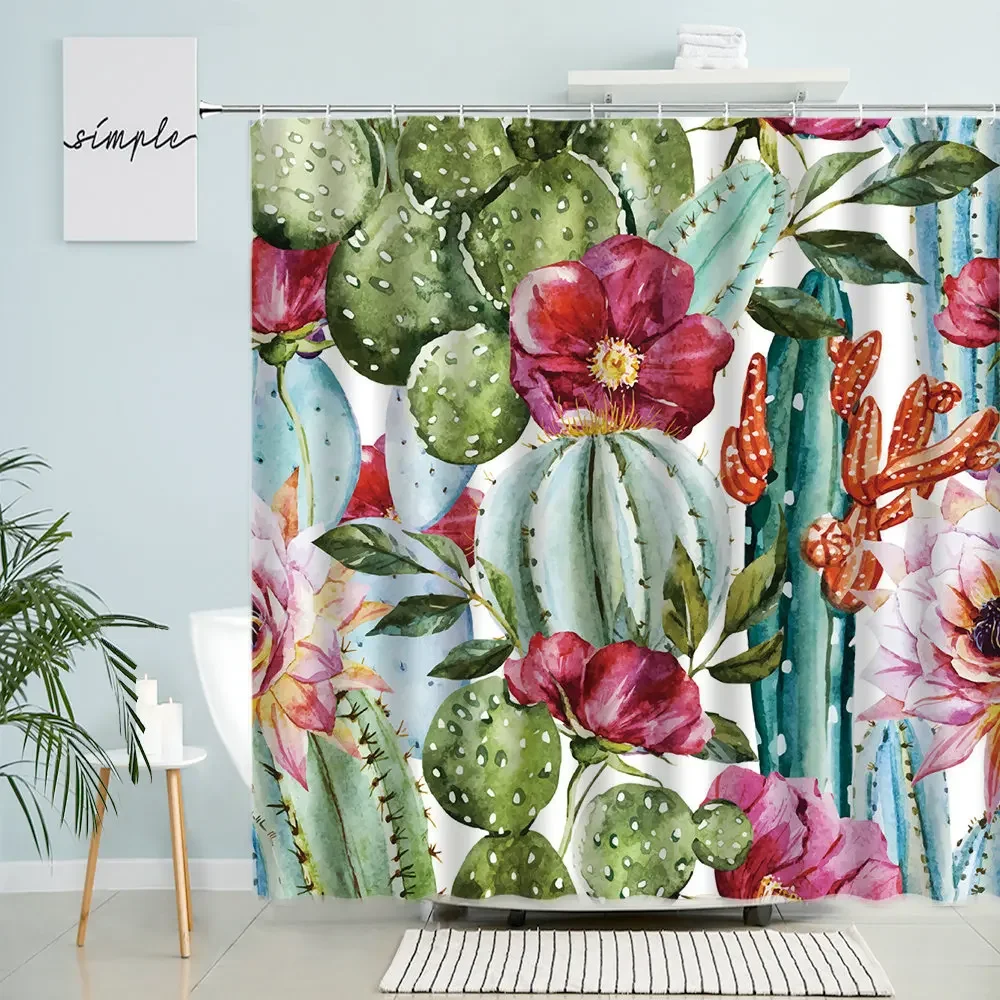 

Tropical Cactus Shower Curtain Green Plant Leaf Flower European Watercolor Art Bathroom Home Decor Waterproof Screen With Hook