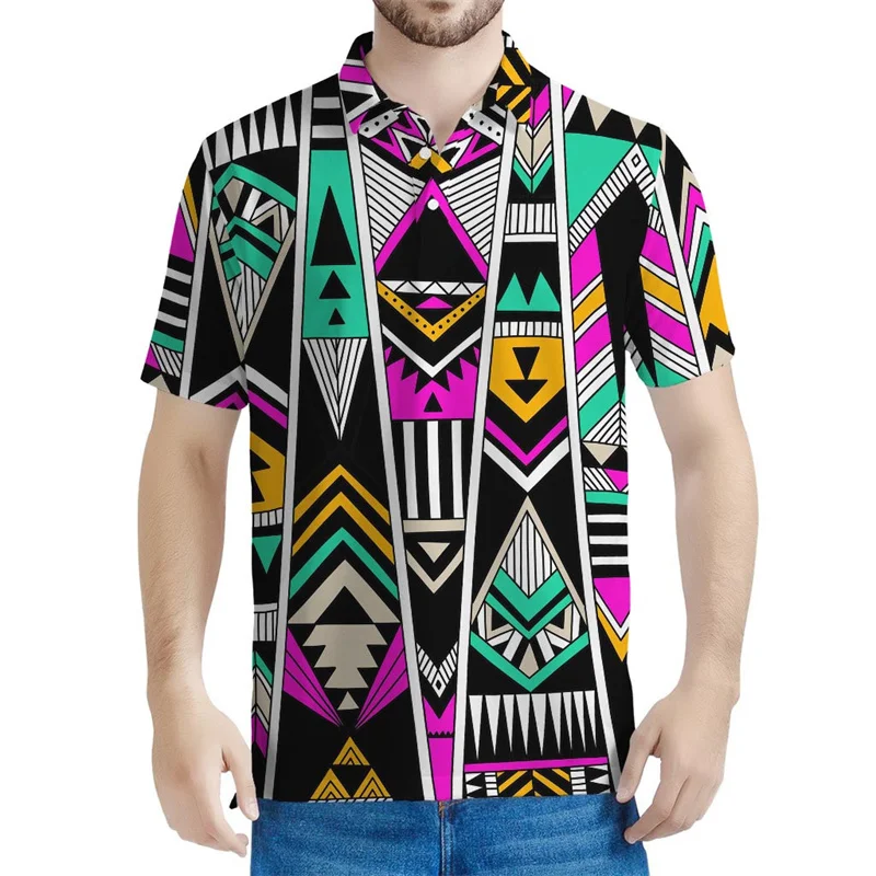 

Colorful Aztec Tribal Pattern Polo Shirt Men 3d Print Ethnic Totem Tee Shirts Tops Button Short Sleeves Casual Lapel Blouse