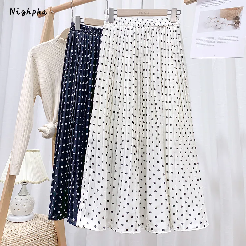 

Nighpha Women's Polka Dot Chiffon Pleated Korean Style High Waisted Slim Midi Long Beach Skirt Spring Summer