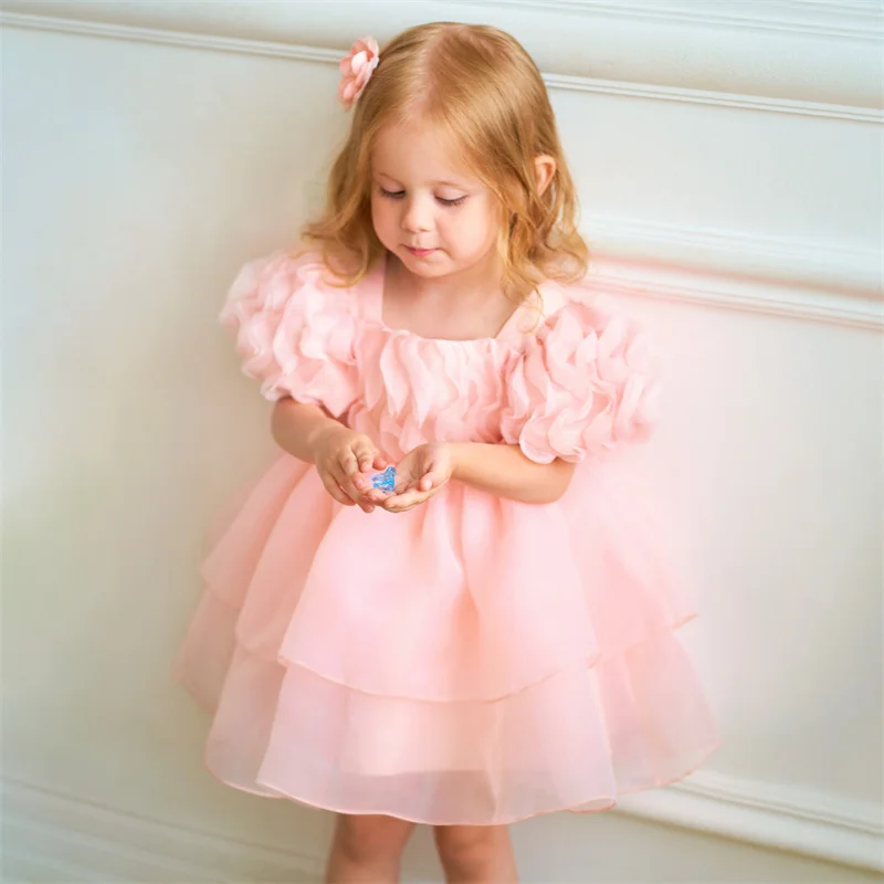 

Baby Girls Puff Sleeve Dresses for Party Wedding Lace Cake Tutu Dresses Infant Girl 1st Birthday Princess Baptism Dress