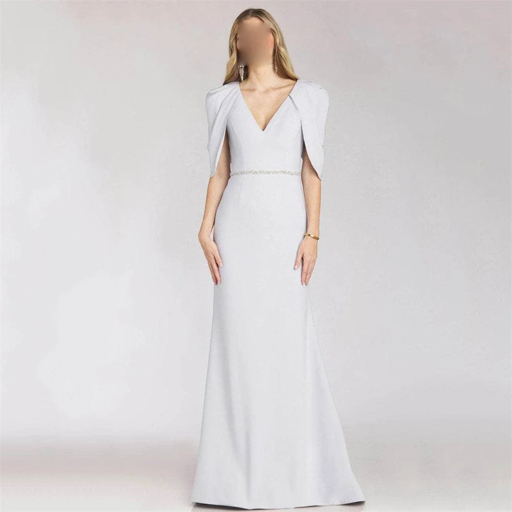 

MINGLAN Classy V Neck Short Sleeve Pleat A Line Long Evening Dress Floor Length Sweep Train Elegant Formal Prom Gown New