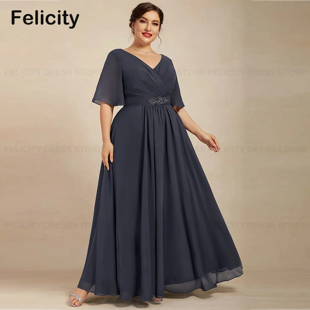 

Plus Size Mother of the Bride Dresses 2023 A-line V-Neck Chiffon Wedding Party Dress Beading Pleats Sequin Robes Invitée Mariage