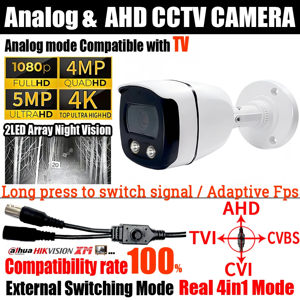 

3840*2160P Ultra AHD Camera 5MP 4MP 2MP TVI/CVI/Analog 4K 4in1 OSD Switch HD Night Vision Security Monitor Outdoor Add Bracket
