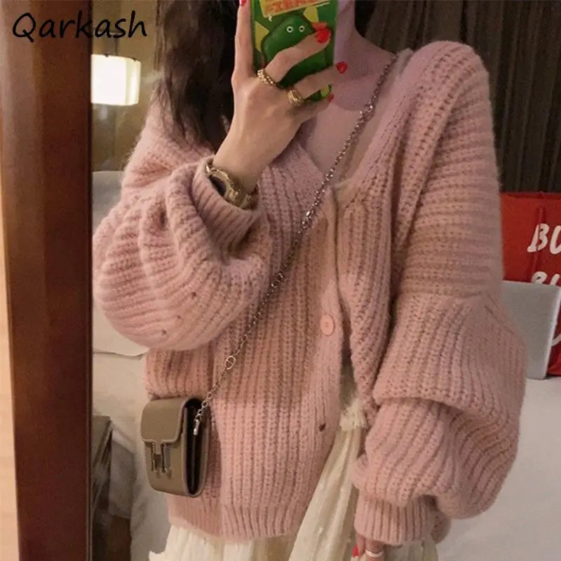 

4 Colors Cardigans Women Soft V-neck Gentle Harajuku Lantern Sleeve Chic New Arrival Winter Designed Knitted Pure All-match Ins