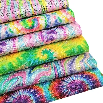 Tie-dye Pattern Chunky Glitter Leather Fabric Sheets Felt Backing Glitter Faux Leather For Bags Shoes Bows DIY Craft W089