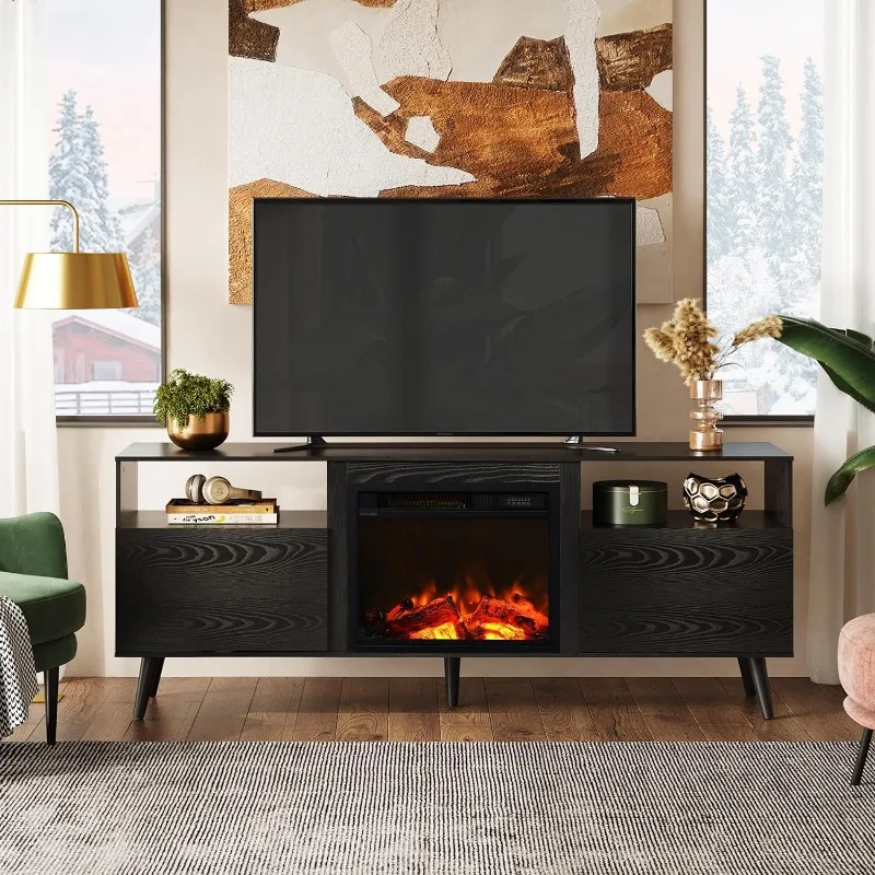 

Fireplace TV Stand for 65" TV, Mid Century Modern Entertainment Center with 18 Inch Electric Fireplace, TV Console with Open