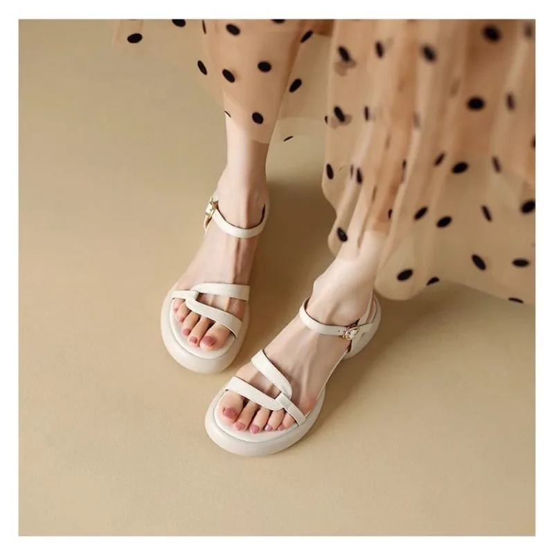 

Elastic Cross Band Open Toe Sandals Women 2024 Summer New Thick Soles Non-slip All Fashion Beach Roman Shoes Sandals