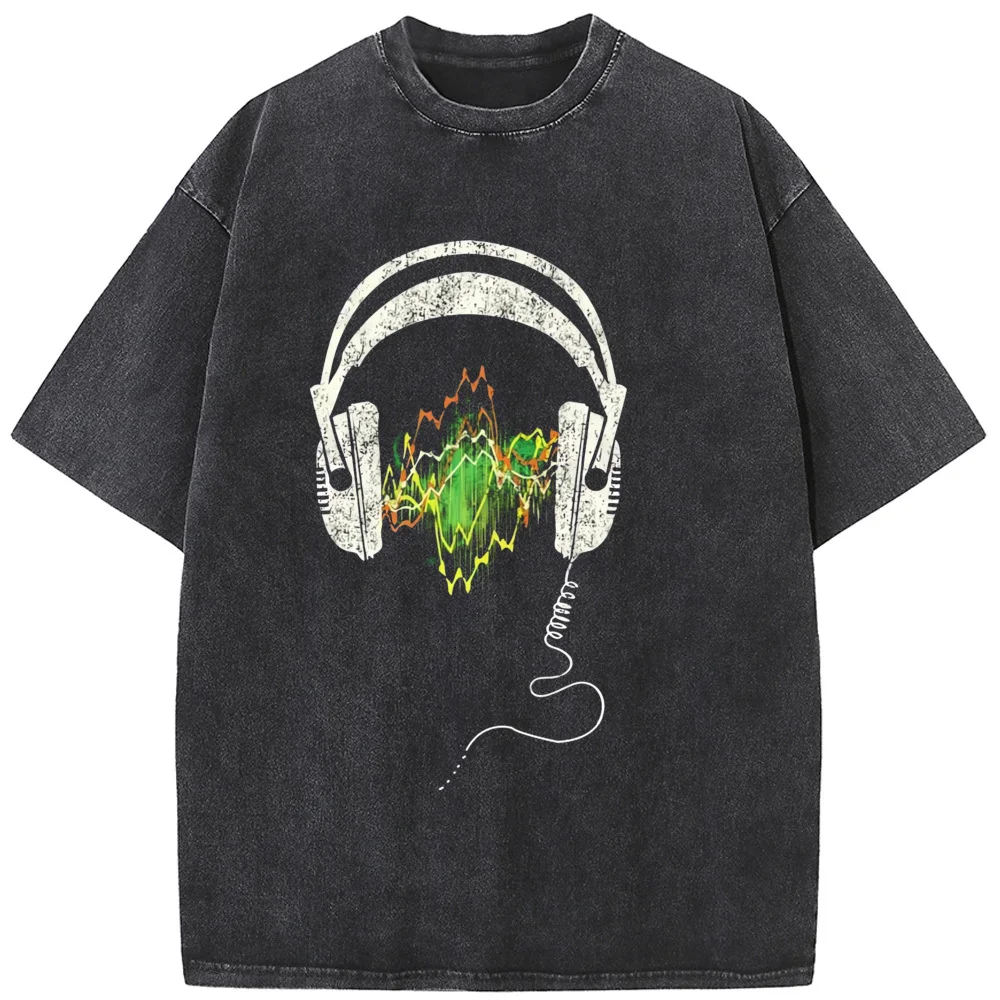 

Music Forest Headset Men's Short-Sleeved Washed T-Shirt 230g Cotton Bleached Tshirt Tops Fashion Loose Bleach T shirt