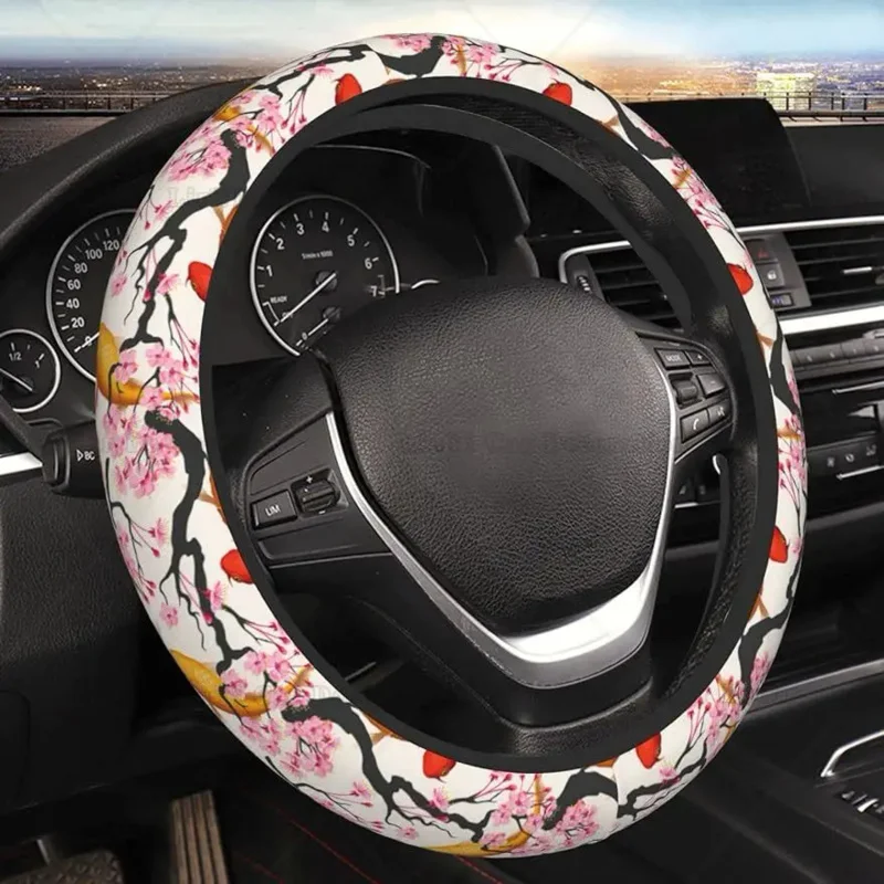 

Koi Fish and Sakura Steering Wheel Cover Golden Carp Cherry Blossom Universal 15 in Neoprene Anti-Skid Auto Steering Wheel Cover