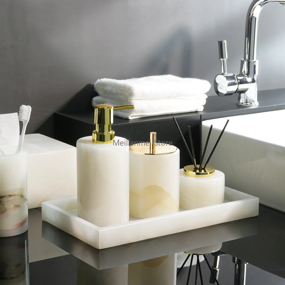 

White Onyx Natural Marble Bathroom Set Luxury Soap Dish Soap Dispenser Tissue Box Toothbrush Holder Bathroom Accessories