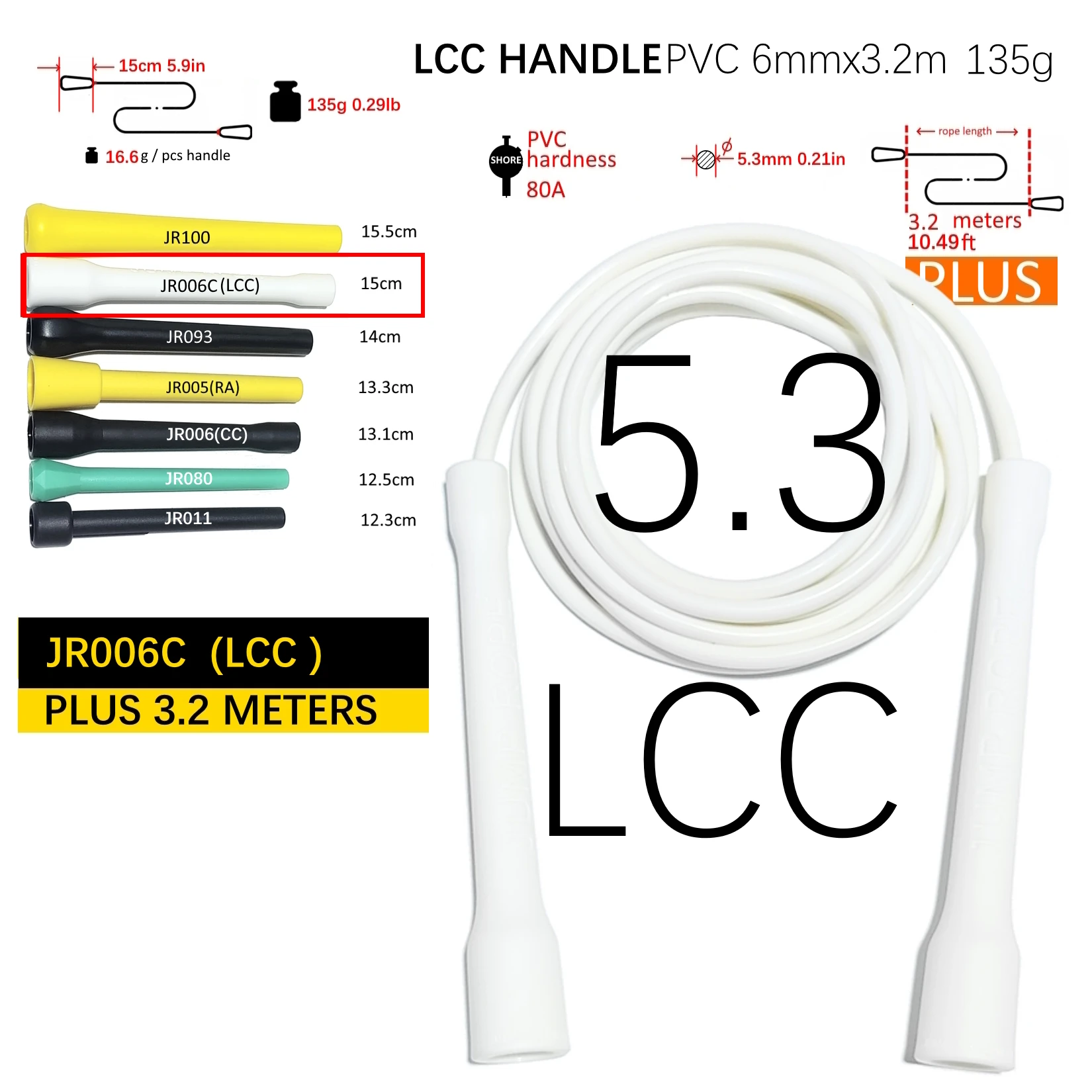 10.5ft plus long 3.2meters 15cmlong CC (LCC) handle 5.3mm diameter PVC rope with thread jump skip skipping rope
10.5ft plus long 3.2meters 15cmlong CC (LCC) handle 5.3mm diameter PVC rope with thread jump skip skipping rope