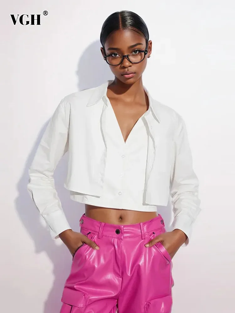 

Женская однотонная Асимметричная блузка VGH, повседневная однобортная рубашка с отложным воротником и длинным рукавом, в минималистском стиле, модная новинка