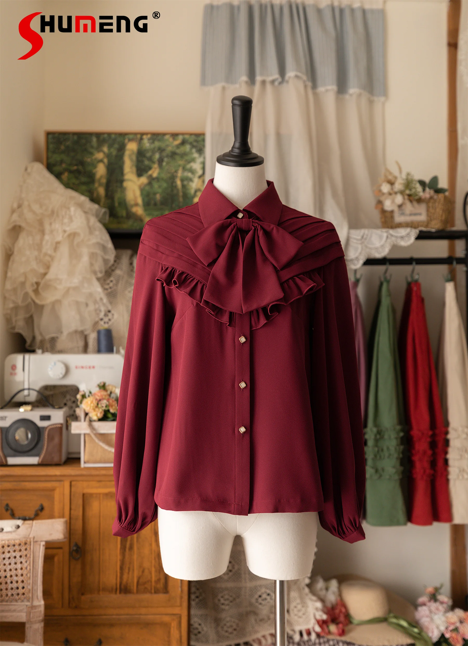

Elegant Retro Lolita Wine Red Bow Shirt 2024 Spring New Original Classical Inner Wear Long Sleeve Blouse Female Blusas Mujer