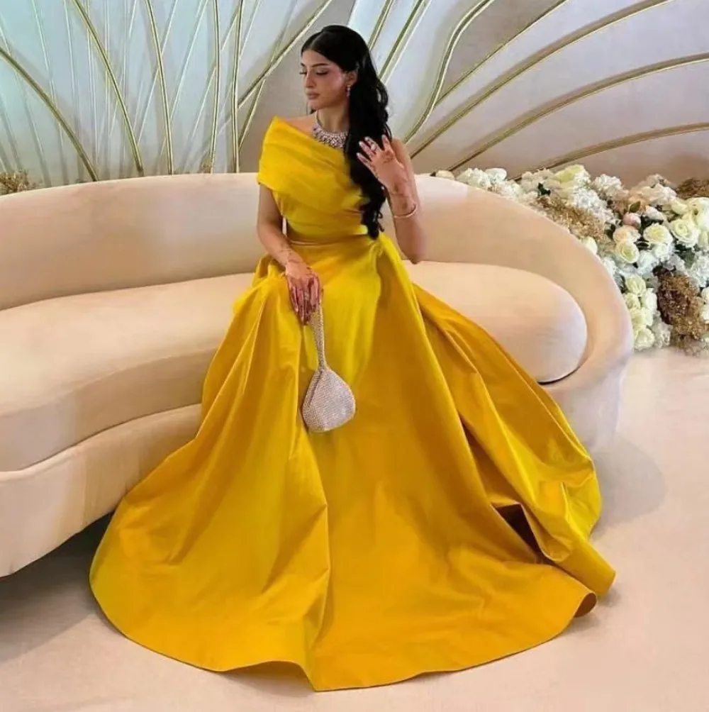 

Merida Yellow Evening Dresses Satin One-Shoulder Ruffle Floor-length A-Line Sleeveless Elegant Party Dresses For Women 2023