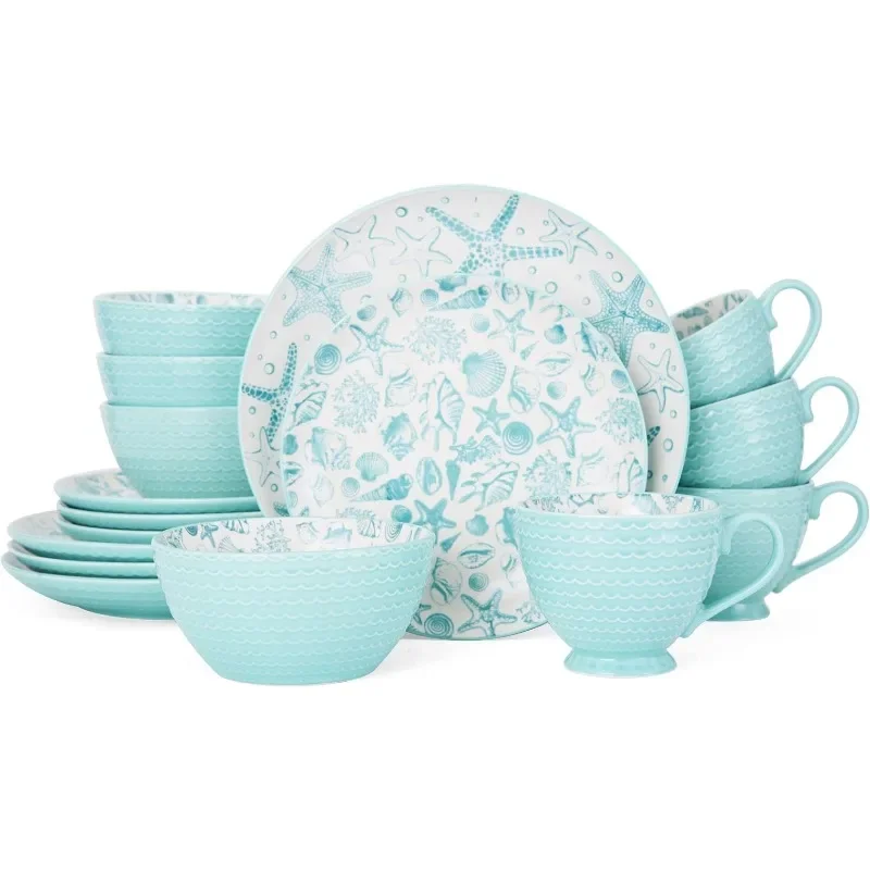 

Pfaltzgraff Venice 16-Piece Stoneware Dinnerware Set Service for 4 Aqua/White - Dinner Set Plates and Dishes Dinnerware Set